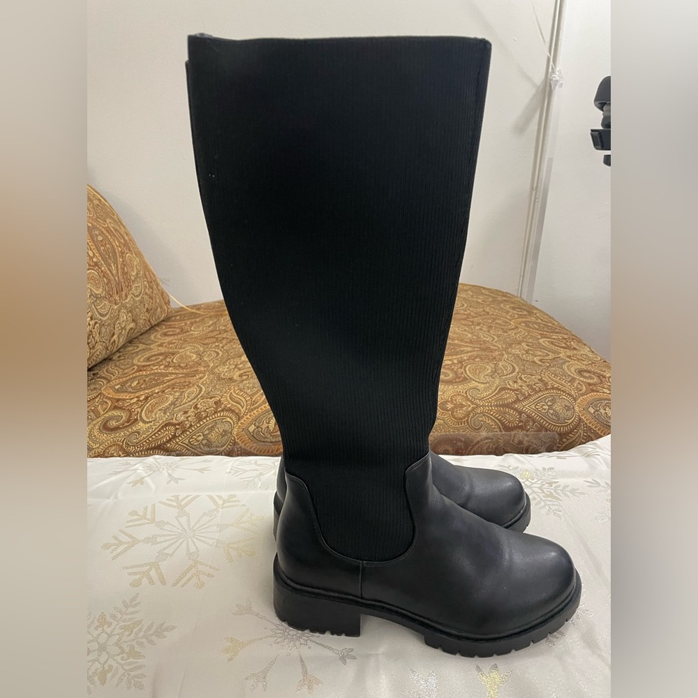 Torrid Wide Width - Stretch Ribbed Knee Boot - Black Faux Leather (WW)